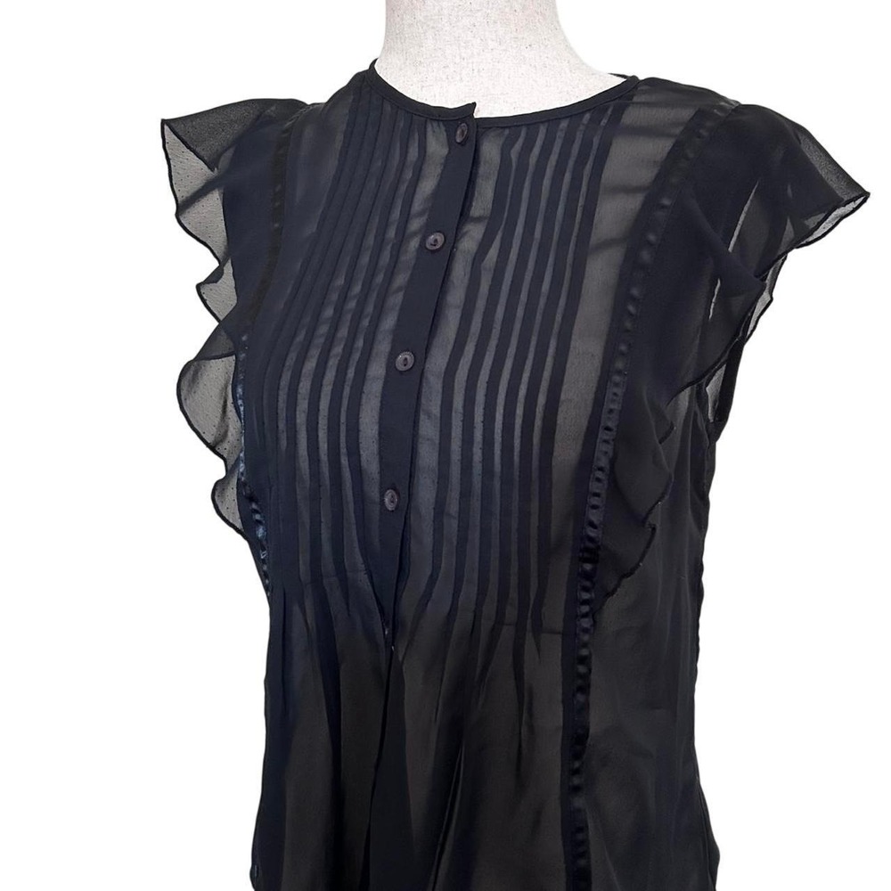 Ray Beams Black‎ Sheer Pintuck Flutter Sleeve Button Front Blouse Top - Picture 3 of 7